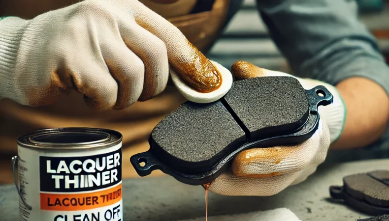 image of a person cleaning oil off brake pads using lacquer thinner