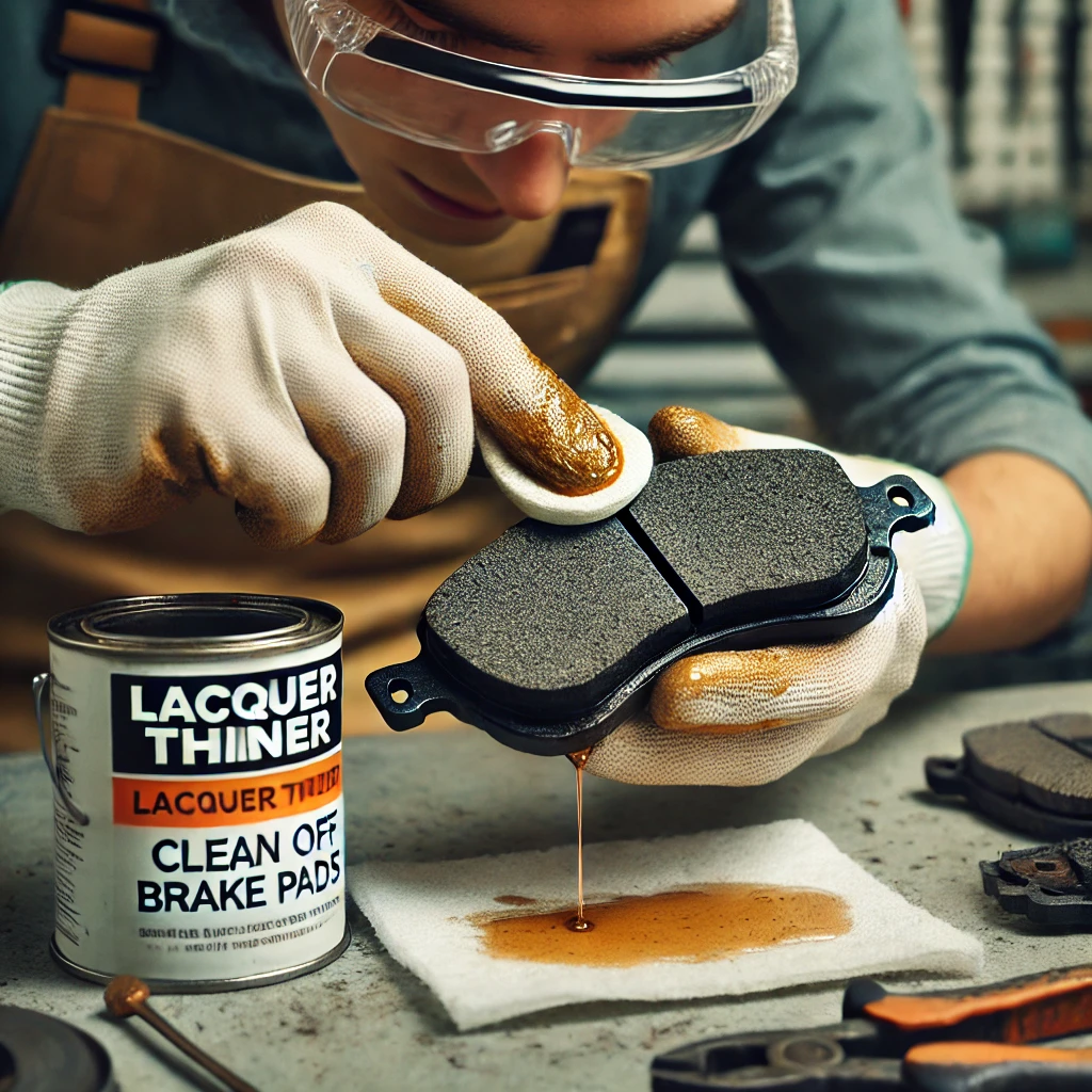image of a person cleaning oil off brake pads using lacquer thinner