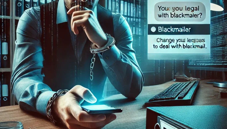 image of a person dealing with a blackmailer in a serious and composed manner.